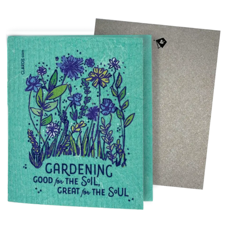 Green Greeting card Gardening good for the Soil,  great for the SOUL.  With floral hand-drawn illustration. Clards—greeting turns into cleaning cloth. soakitup.shop