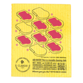 Load image into Gallery viewer, A yellow Clards reusable cleaning cloth with printed pink and yellow cloths and black text explaining its use, shown on a white background.
