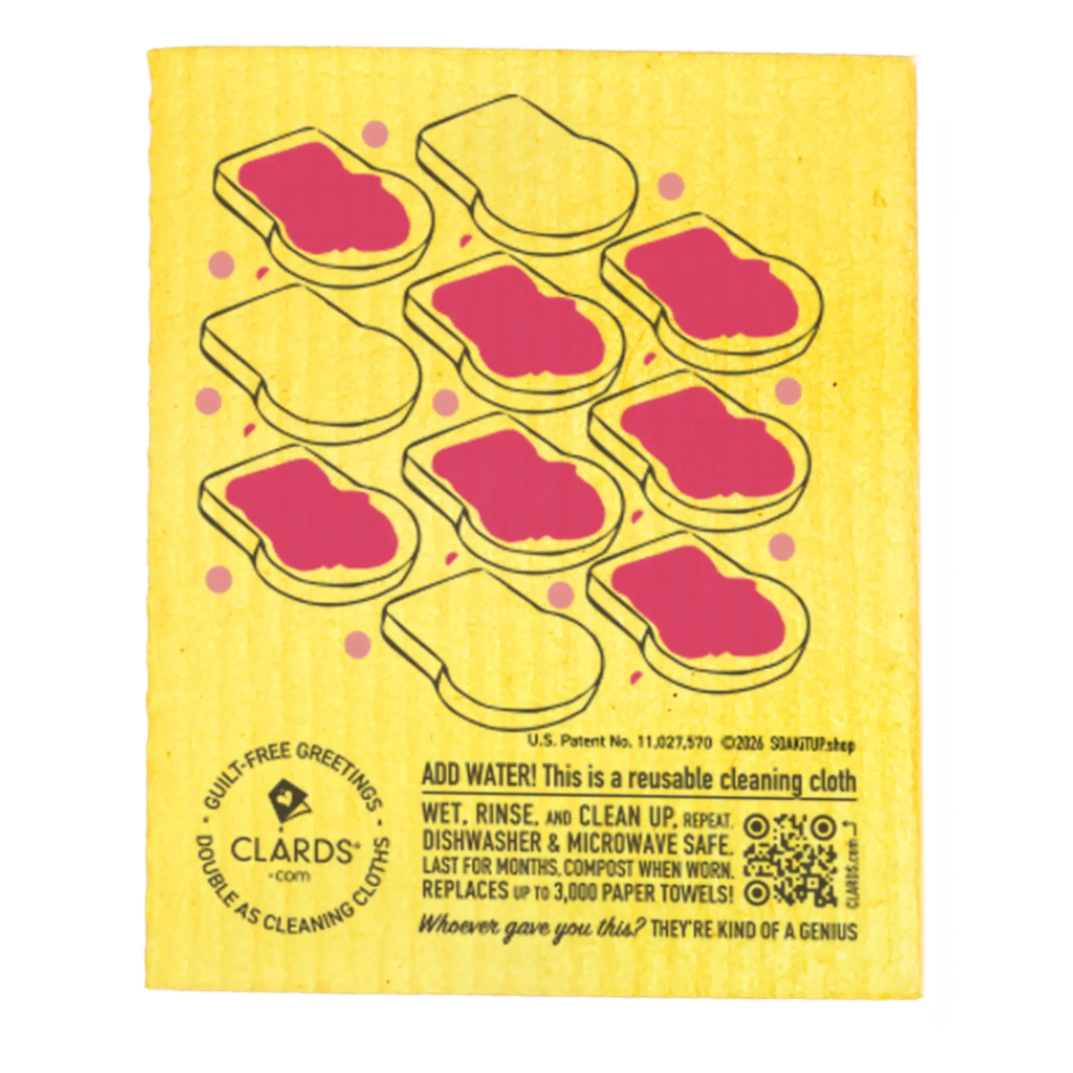 A yellow Clards reusable cleaning cloth with printed pink and yellow cloths and black text explaining its use, shown on a white background.