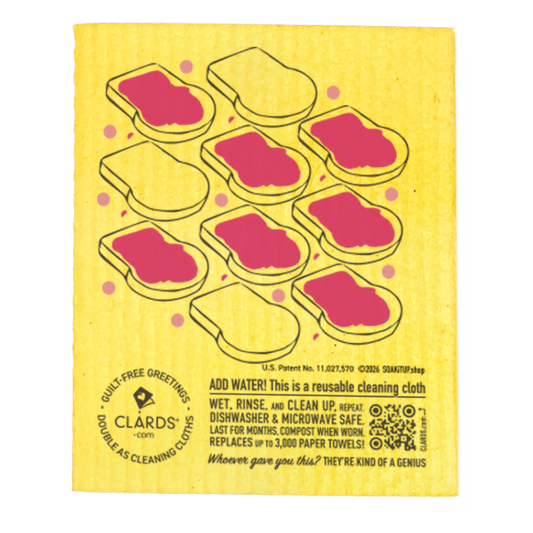 A yellow Clards reusable cleaning cloth with printed pink and yellow cloths and black text explaining its use, shown on a white background.