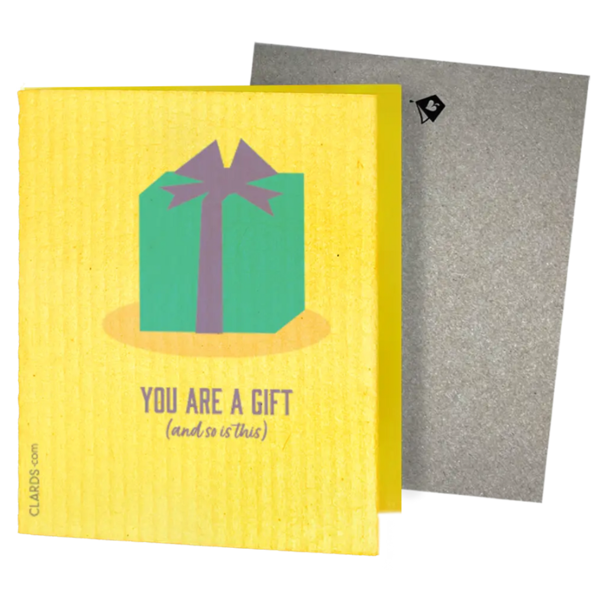 Yellow textured swedish sponge cloth greeting card featuring green gift box and you are a gift text by clards