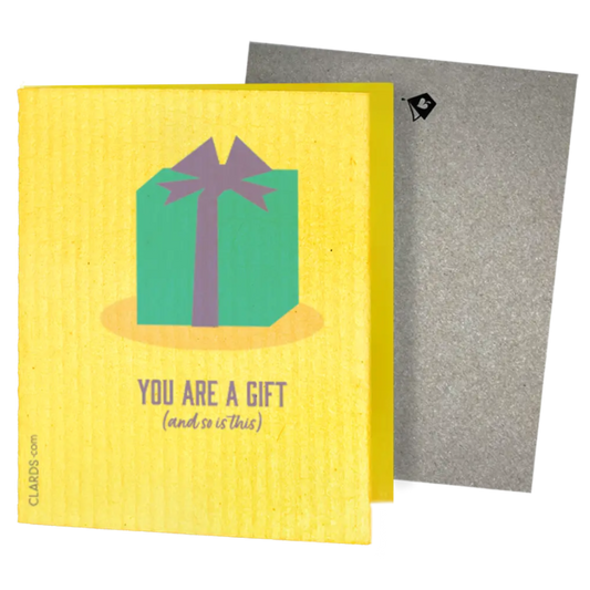 Yellow textured swedish sponge cloth greeting card featuring green gift box and you are a gift text by clards