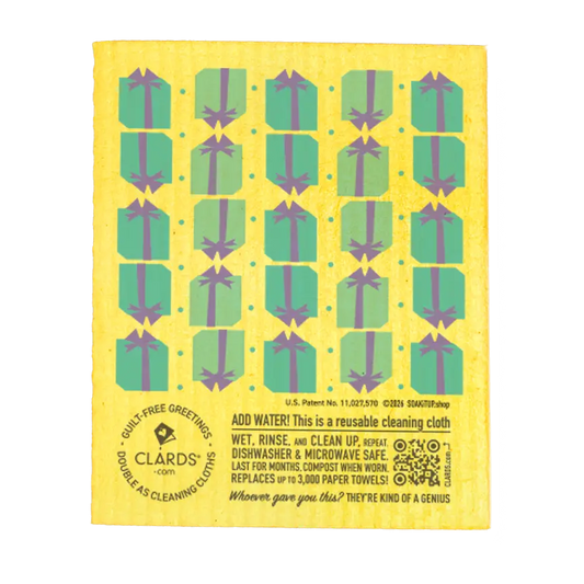 Yellow reusable swedish sponge cloth with teal gift box pattern from soak it up greeting card turns cleaning cloths