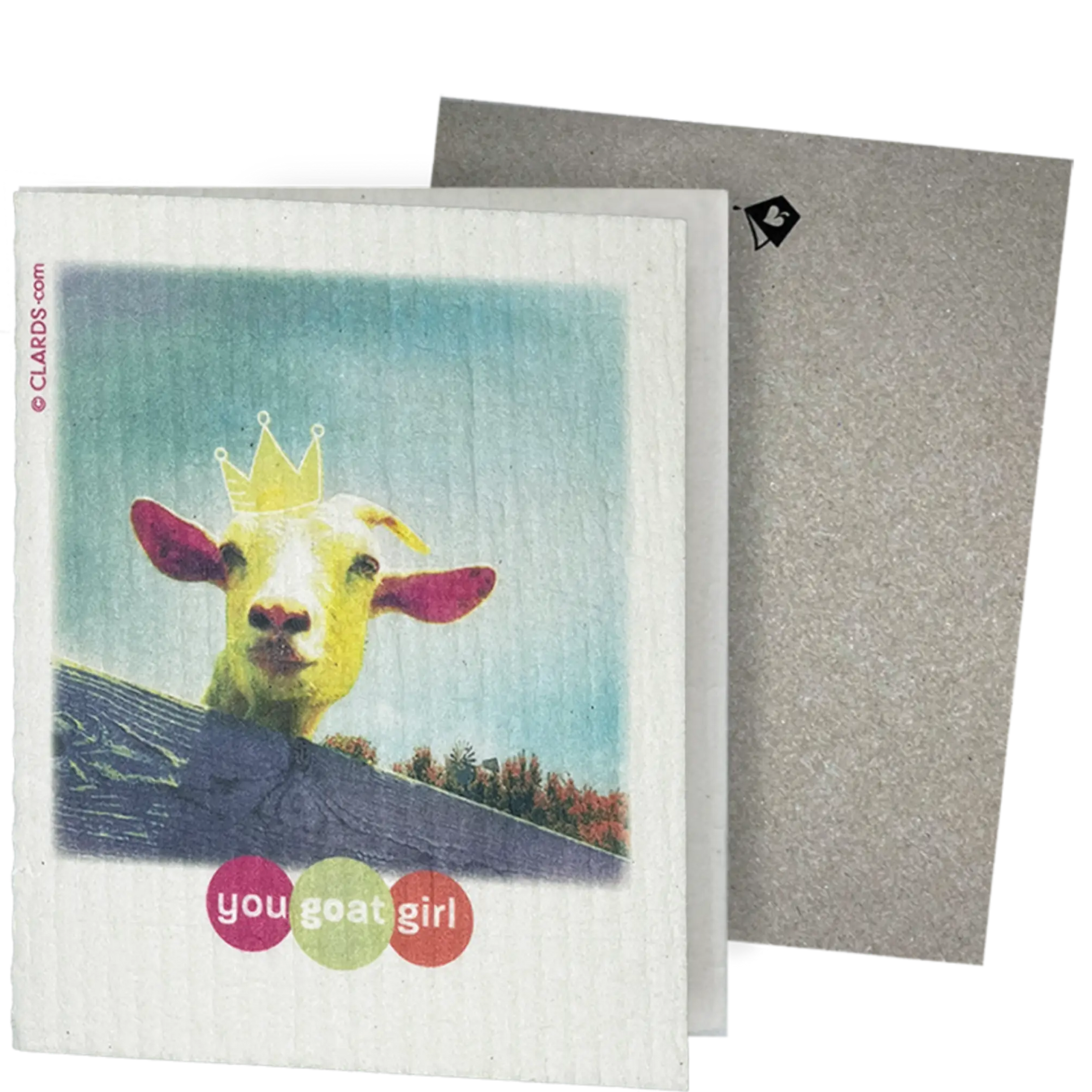 Clards eco-friendly greeting card - a goat wearing a crown and 'you goat girl' text, - turns into 2 reusable sponge cleaning cloths on a white background. 