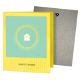 Load image into Gallery viewer, A cheerful yellow guilt-free greeting card with teal center featuring a white house icon from eco-friendly swedish sponge cloths
