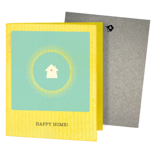 A cheerful yellow guilt-free greeting card with teal center featuring a white house icon from eco-friendly swedish sponge cloths