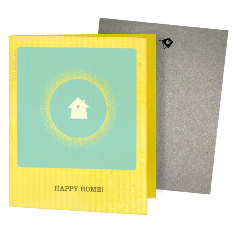 A cheerful yellow guilt-free greeting card with teal center featuring a white house icon from eco-friendly swedish sponge cloths