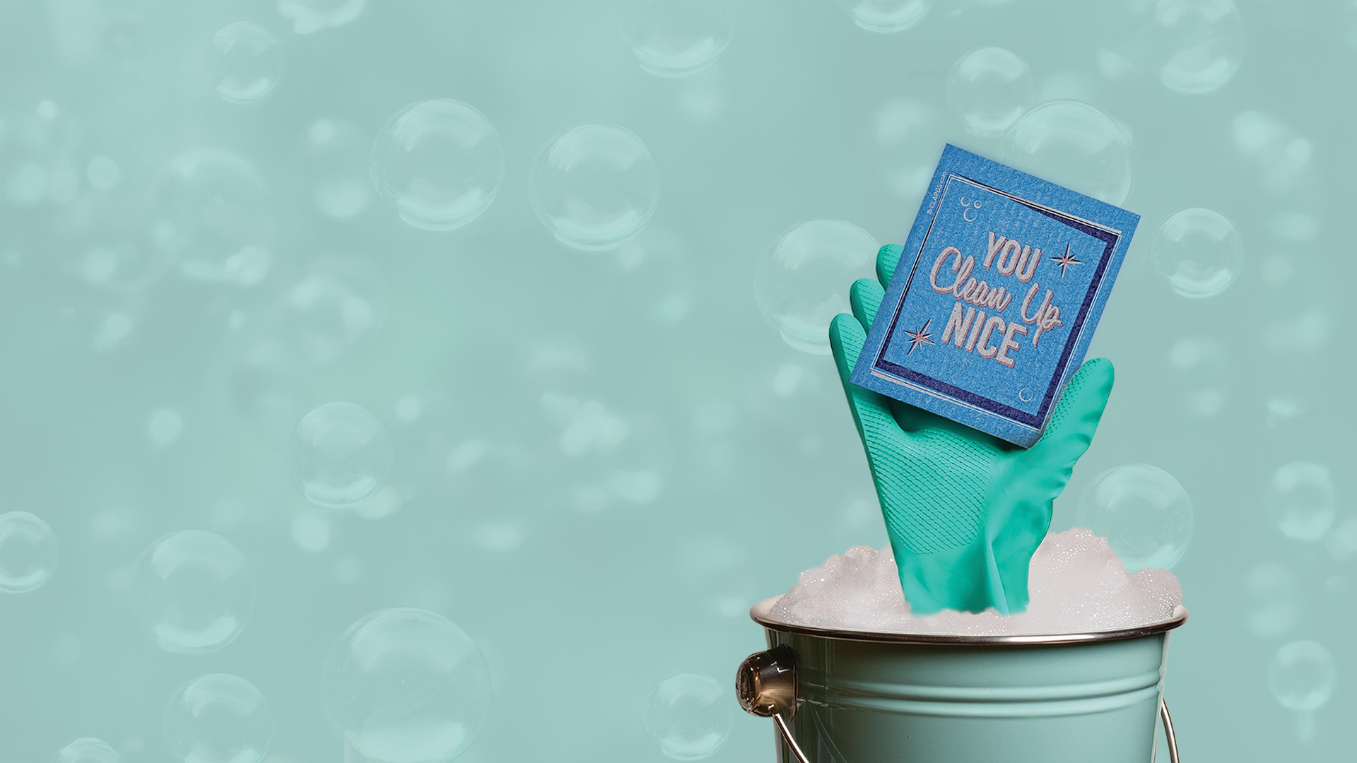 greeting card becomes cleaning cloth when wet shown with a cleaning bucket