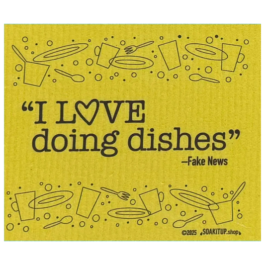 Yellow eco-friendly swedish dishcloth with fake news design and i love doing dishes text, reusable alternative to paper towels