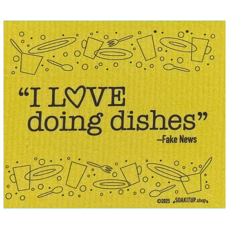 Yellow eco-friendly swedish dishcloth with fake news design and i love doing dishes text, reusable alternative to paper towels