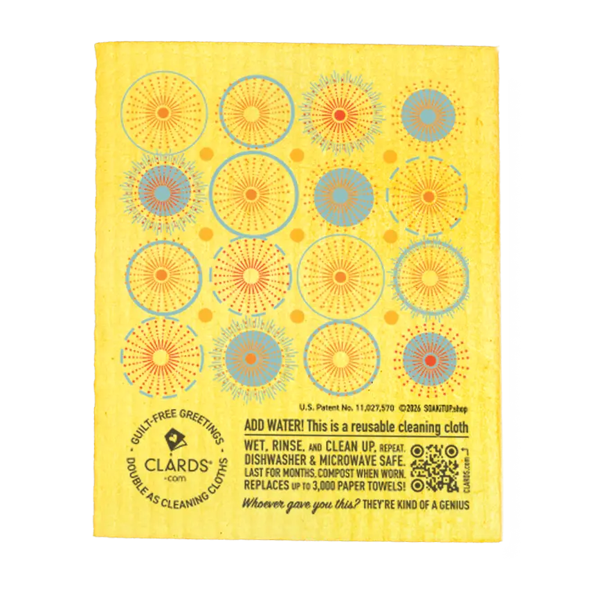 Bright yellow two reusable sponge cloths with blue and orange circles from soak iT up eco greeting cards