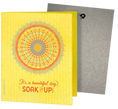 Load image into Gallery viewer, Yellow rectangular swedish sponge cloth with colorful mandala and its a beautiful day soak it up text, two reusable cleaning cloths
