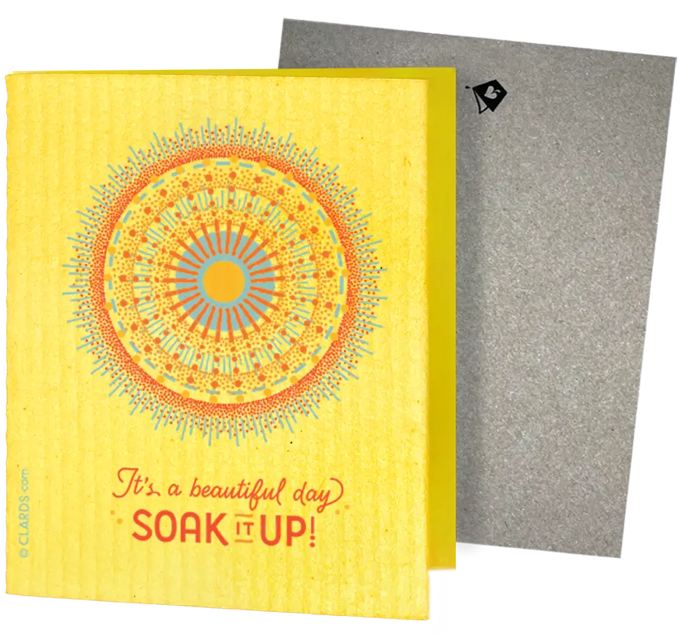 Yellow rectangular swedish sponge cloth with colorful mandala and its a beautiful day soak it up text, two reusable cleaning cloths