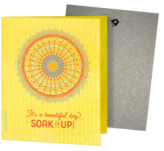 Yellow rectangular swedish sponge cloth with colorful mandala and its a beautiful day soak it up text, two reusable cleaning cloths