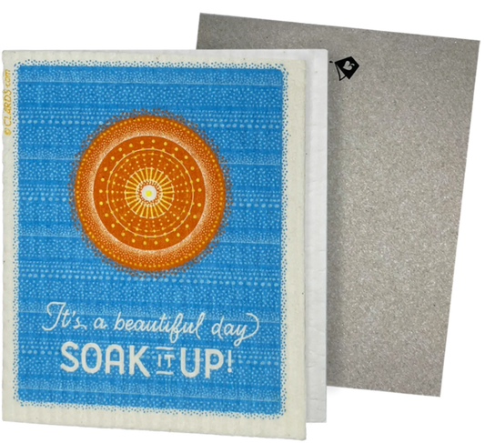 Clards eco-friendly greeting card - mid mod sunshine its a beautiful day soak it up text - turns into 2 reusable sponge cleaning cloths.
