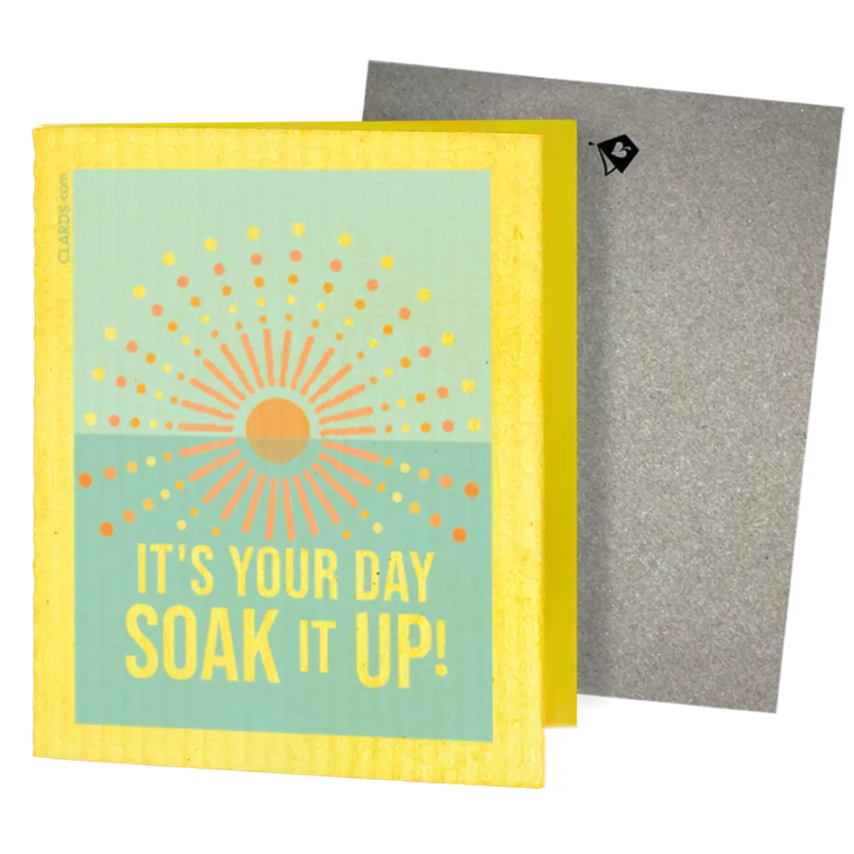 Yellow and teal reusable swedish sponge cloth with sunburst design and guilt free greeting card soak it up text