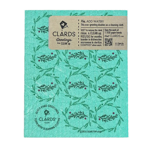 back of Joy Holiday Wreath Clard—Greetings that turn into reusable cleaning cloths soakitup.shop