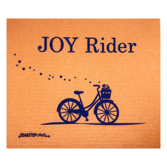 Orange cloth sponge with navy blue joy rider bicycle and flower basket illustration for eco gift cyclists