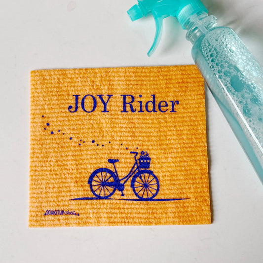 Yellow textured Swedish dishcloth with blue joy rider bicycle design for eco-friendly cleaning gifts