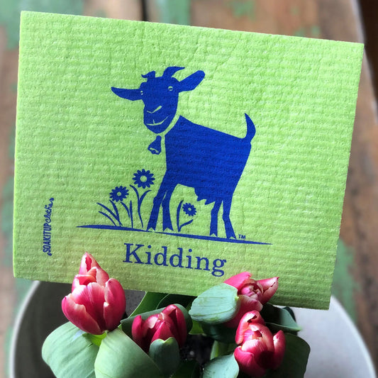 Kidding Goat in tulips- Green Swedish Dishcloths soakitup.shop
