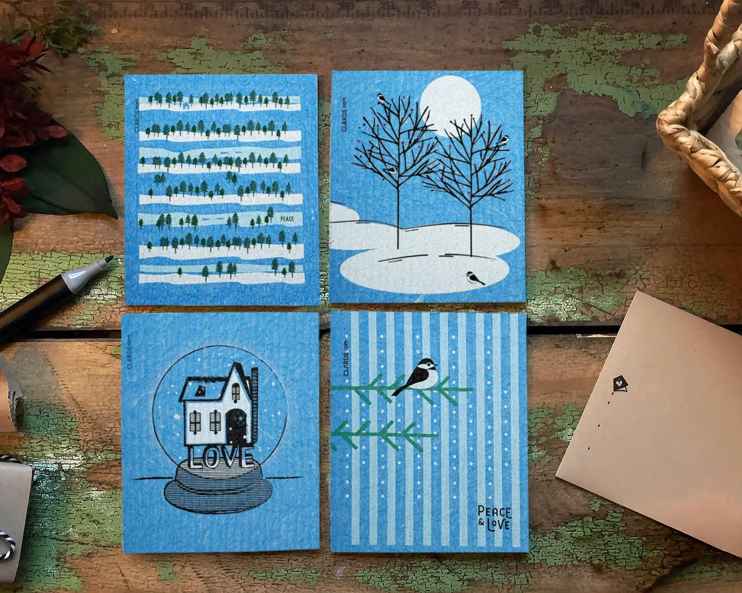 Chickadee Peace & Love Greeting Turns Into a Cleaning Cloth