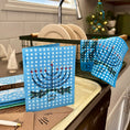 Load image into Gallery viewer, Menorah Hanukkah Blue Greeting with polka dots and love and light text turns into  reusable, washable cleaning cloths
