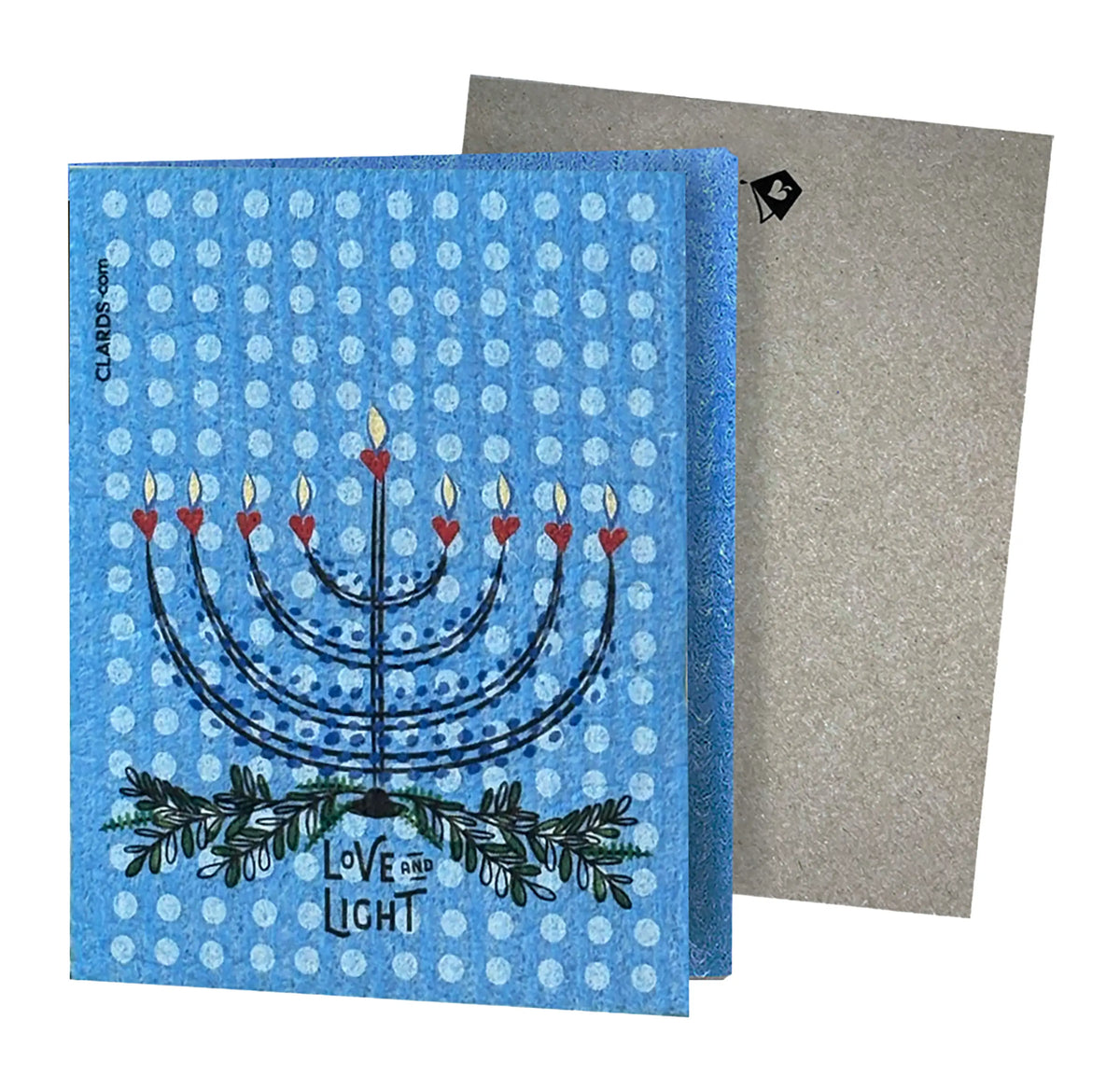 Blue textured hanukkah-themed reusable cleaning cloth with menorah design and love and light label for eco greeting card