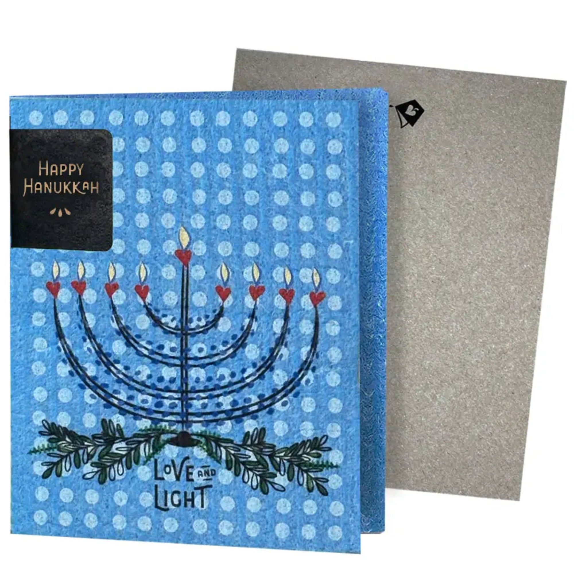 Love and Light Hanukkah Menorah Clard—greetings that turn into reusable cleaning cloths soakitup.shop