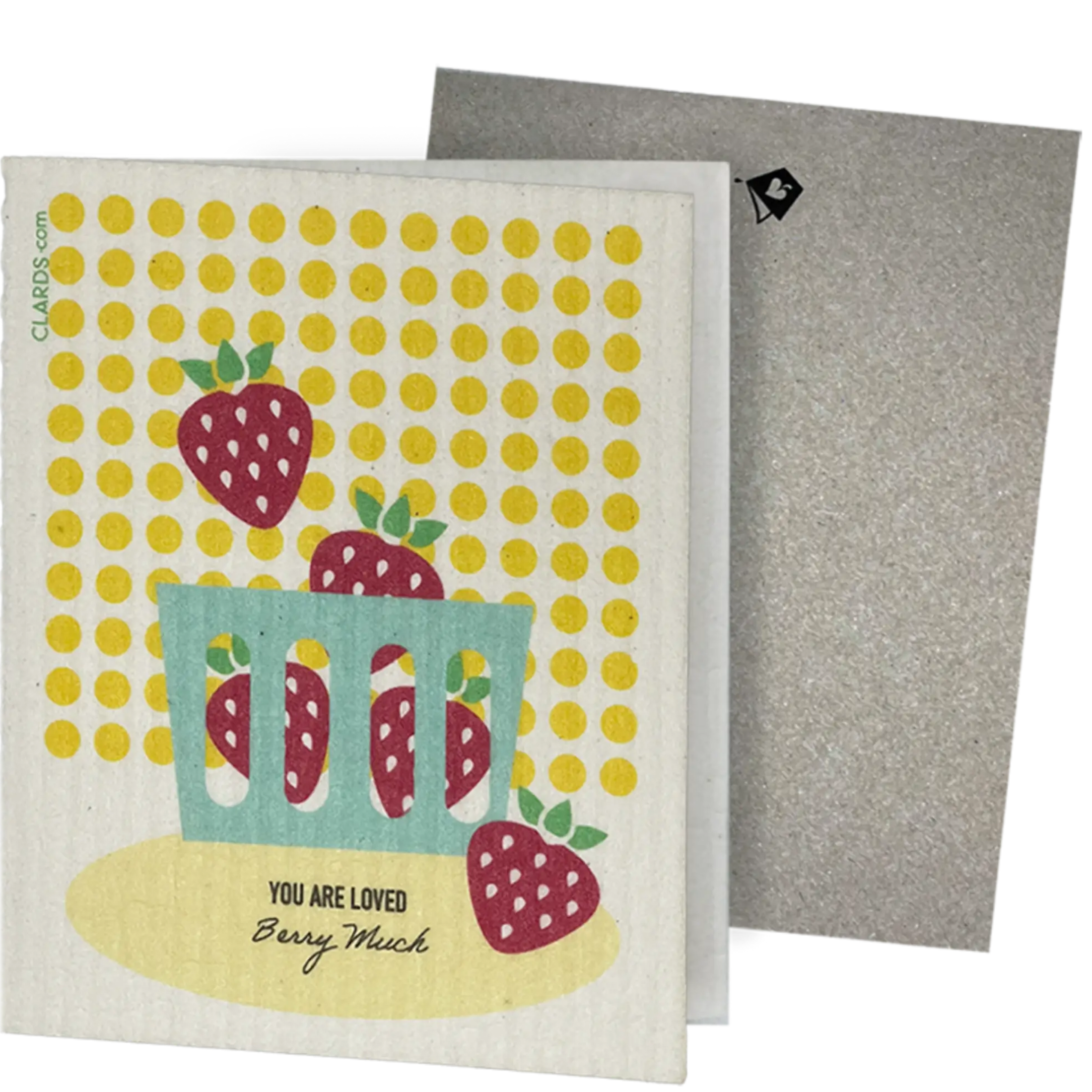 Card with strawberry design and text 'You are loved Berry Much' on a yellow polka dot background, with envelope. Clards eco-friendly greeting card turns into 2 reusable sponge cleaning cloths.
