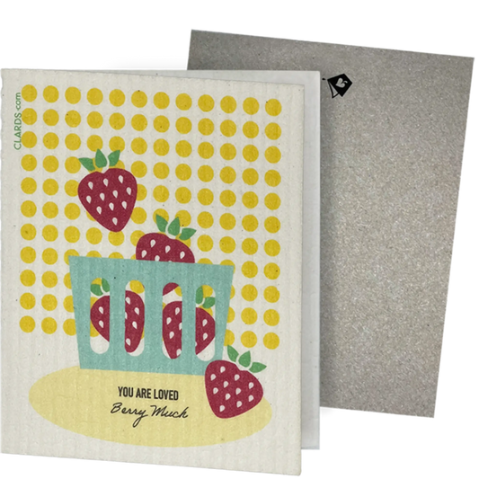 Card with strawberry design and text 'You are loved Berry Much' on a yellow polka dot background, with envelope. Clards eco-friendly greeting card turns into 2 reusable sponge cleaning cloths.