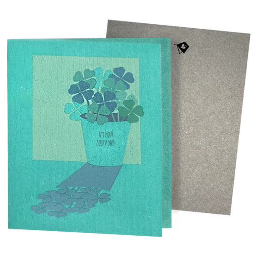 Teal lucky day eco greeting card with shamrocks that turns into microwave safe swedish sponge cloths like fungi frog