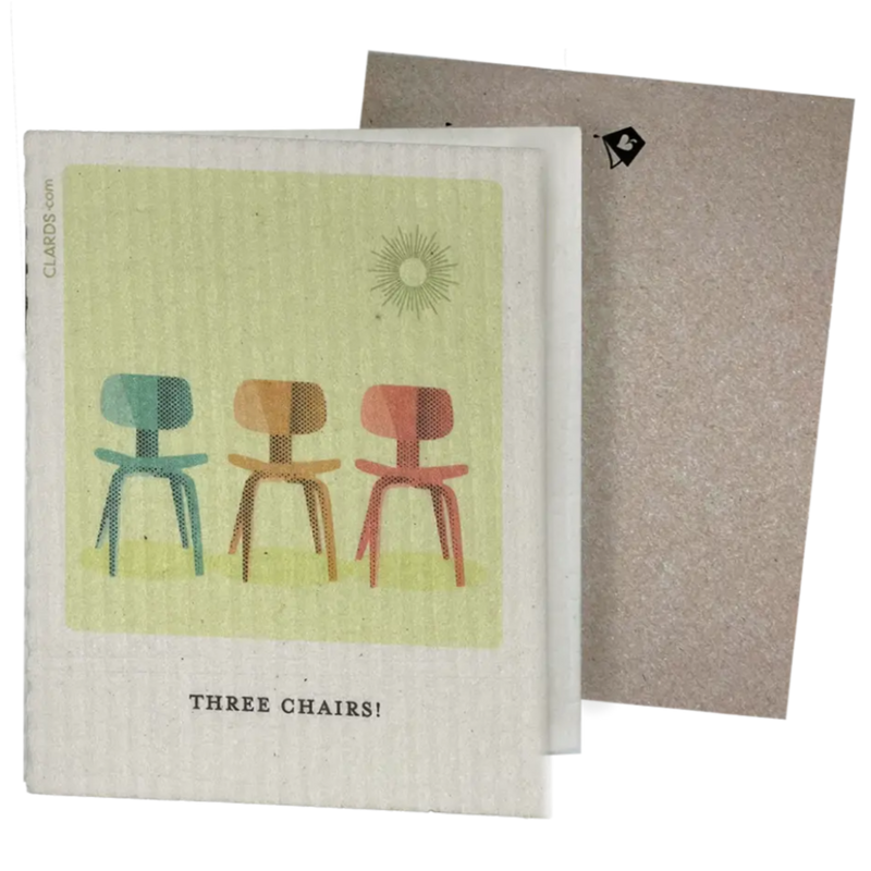 Clards eco-friendly greeting card - Mid-mod Three Chairs - turns into 2 reusable sponge cleaning cloths. clards.com