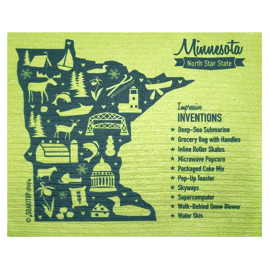 Minnesota Impressive Inventions Map - green - Swedish dishcloth soakitup.shop