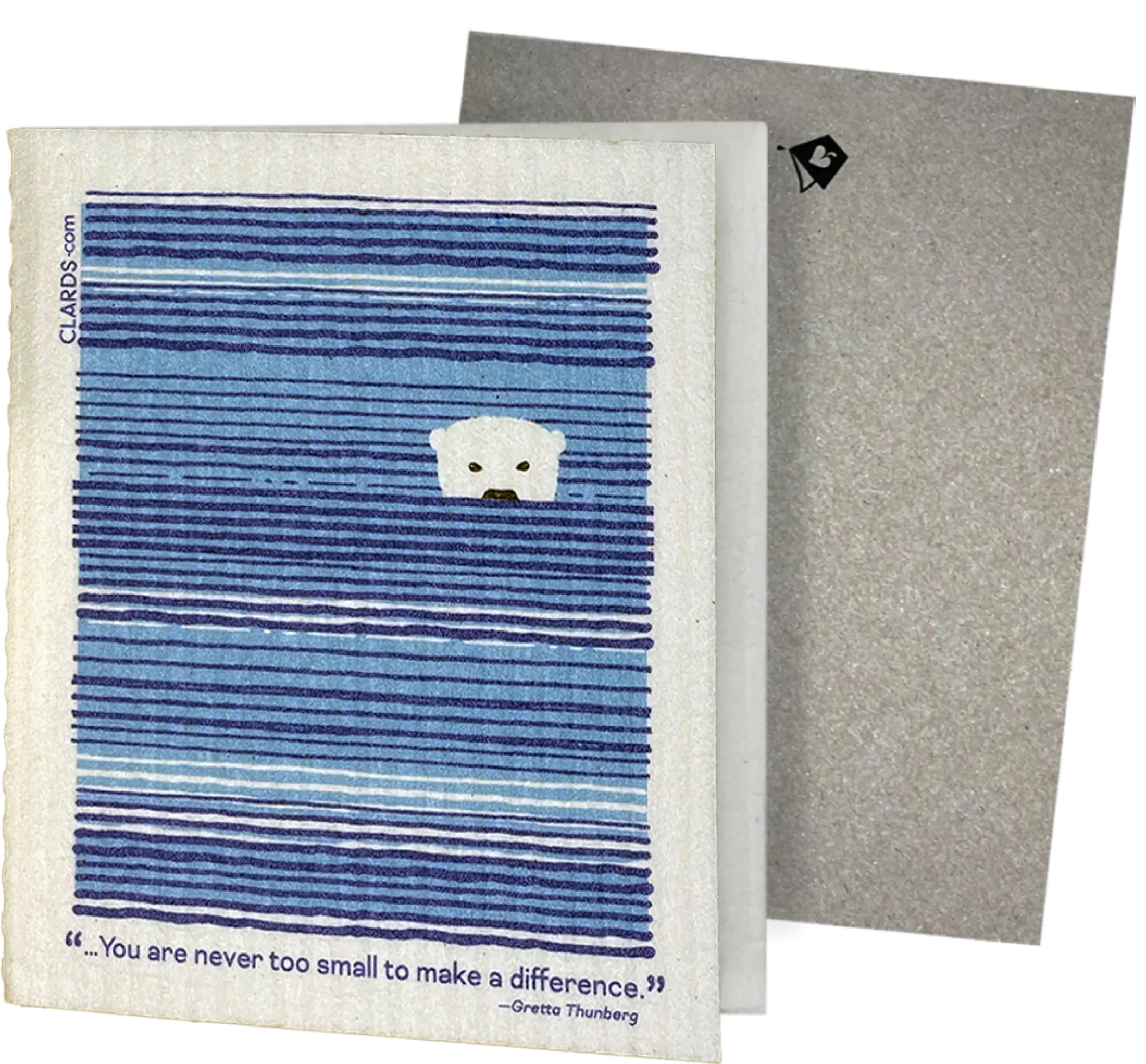  Clards eco-friendly greeting card - baby polar bear illustration You Are Never Too Small to Make a Difference  text- turns into 2 reusable sponge cleaning cloths