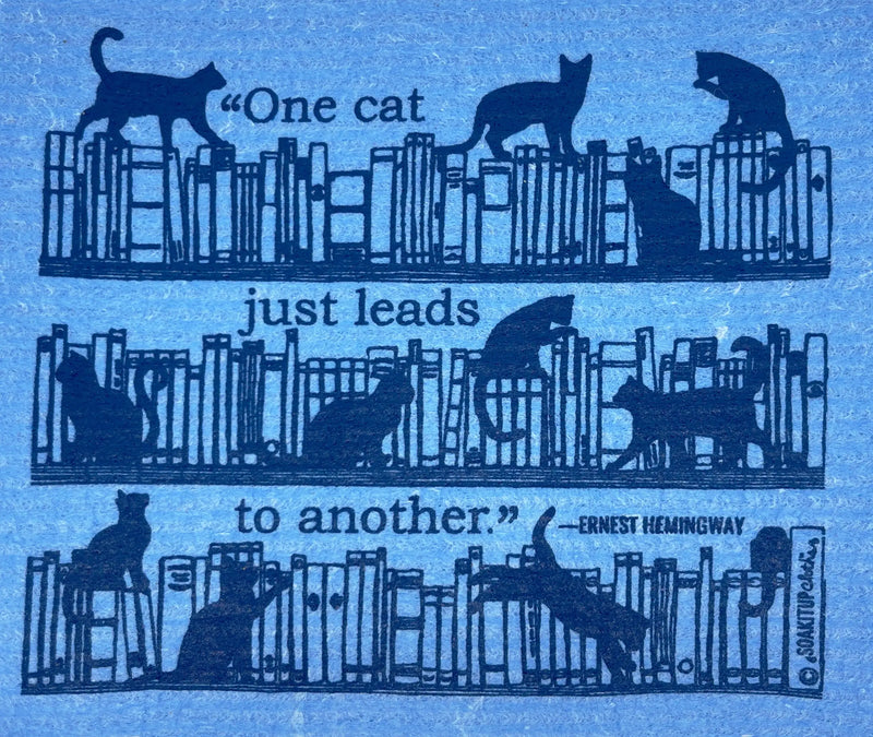 "one cat just leads to another"–Ernest Hemingway cute cats in bookshelves blue Swedish dishcloth