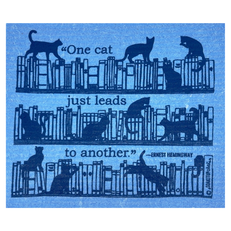 "one cat just leads to another"–Ernest Hemingway cute cats in bookshelves blue Swedish dishcloth soakitup.shop