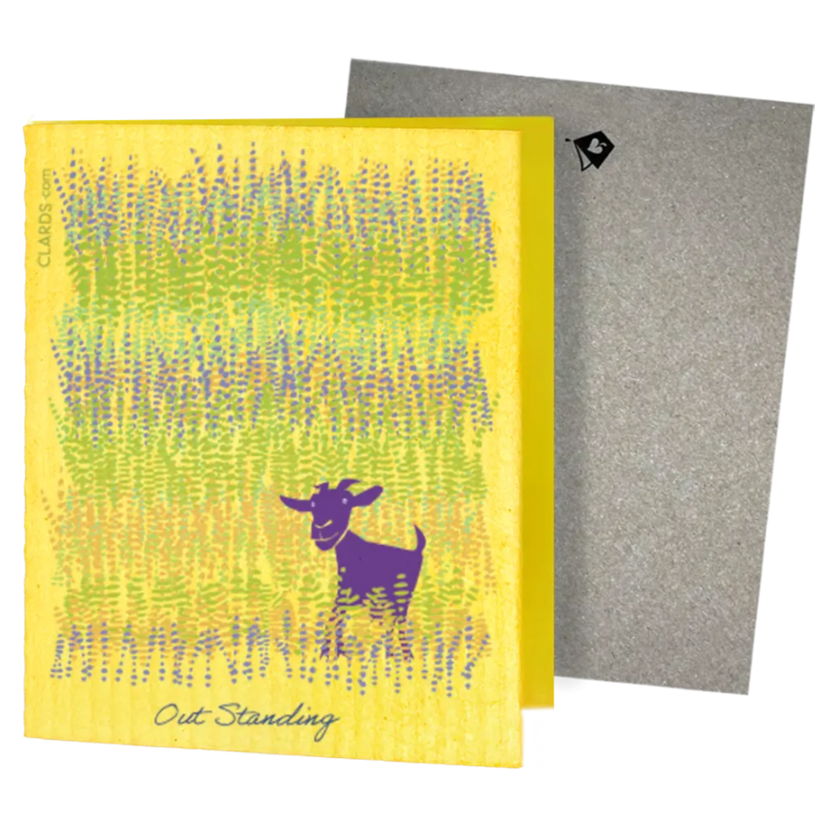 Yellow reusable swedish sponge cloth with purple standing goat and green floral pattern by clards.com for cleaning