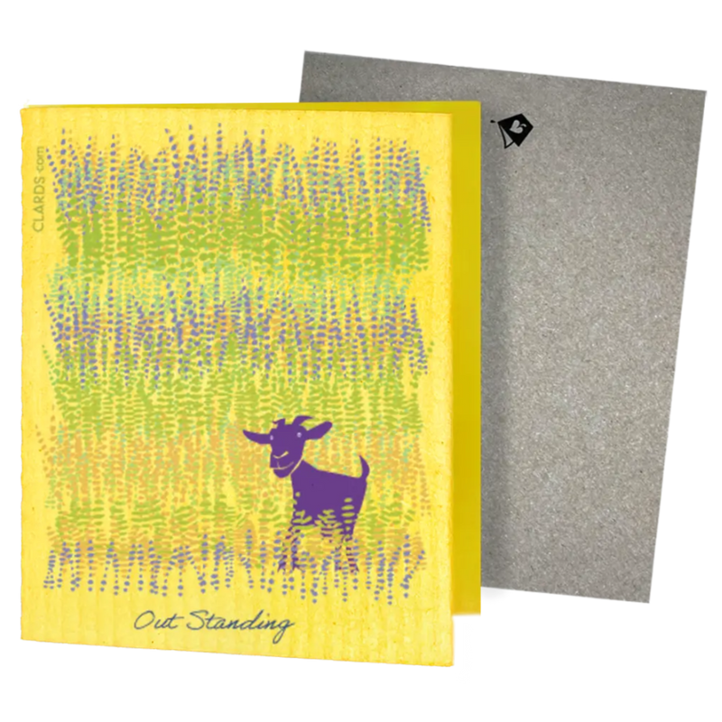 Yellow reusable swedish sponge cloth with purple standing goat and green floral pattern by clards.com for cleaning