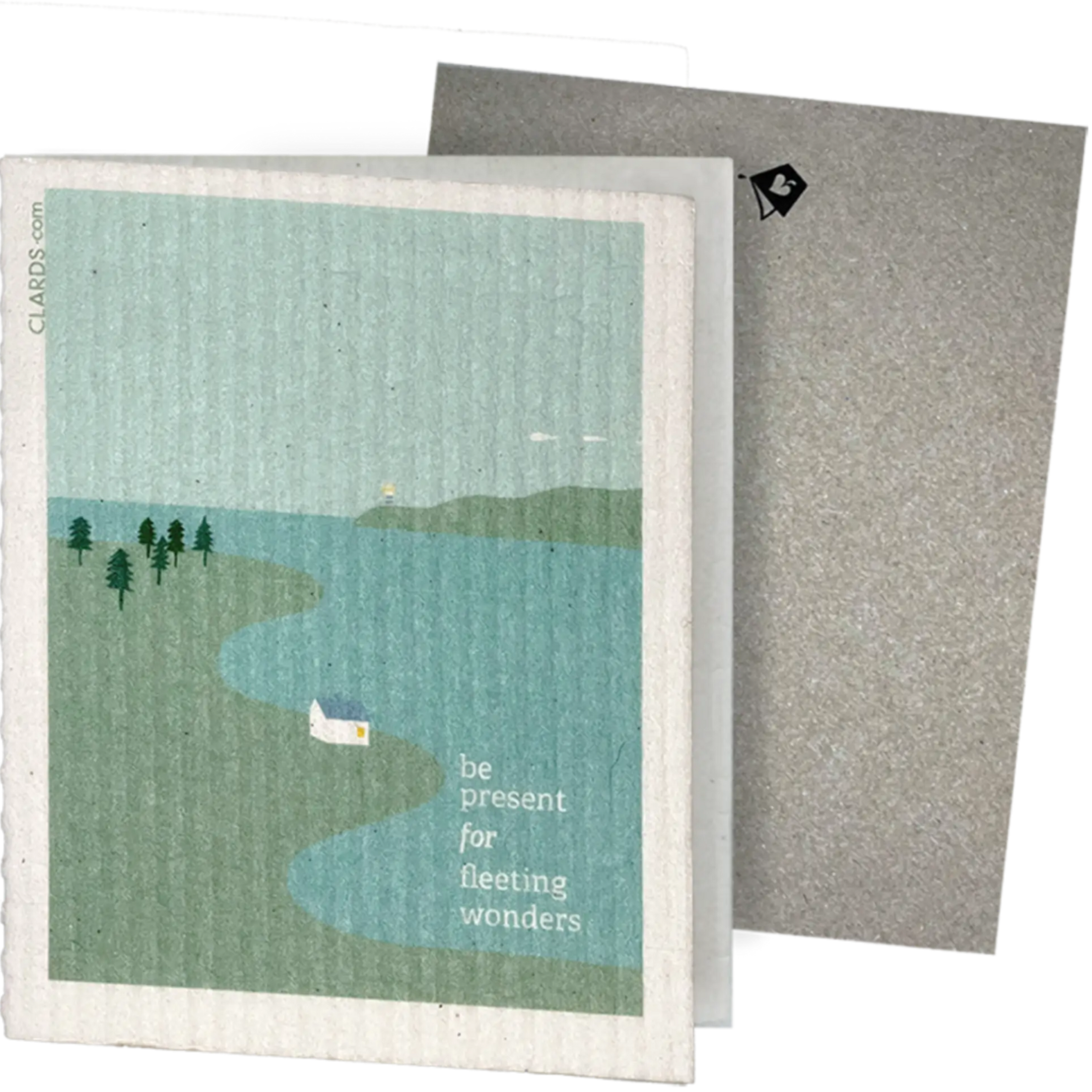 Sponge Clard with a scenic design of a lake and trees, featuring text 'be present for fleeting wonders', on a white background.