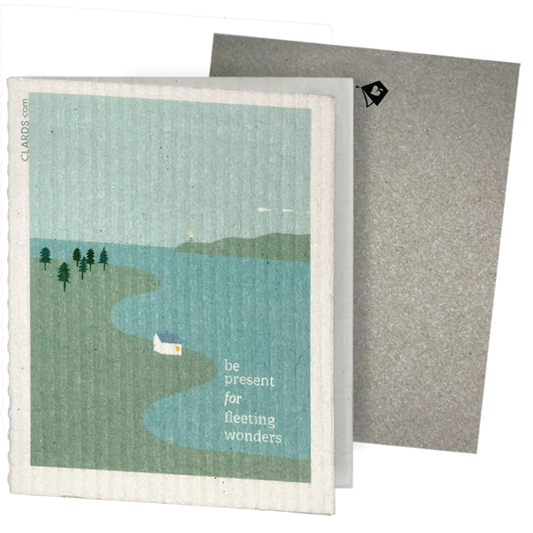 Sponge Clard with a scenic design of a lake and trees, featuring text 'be present for fleeting wonders', on a white background.