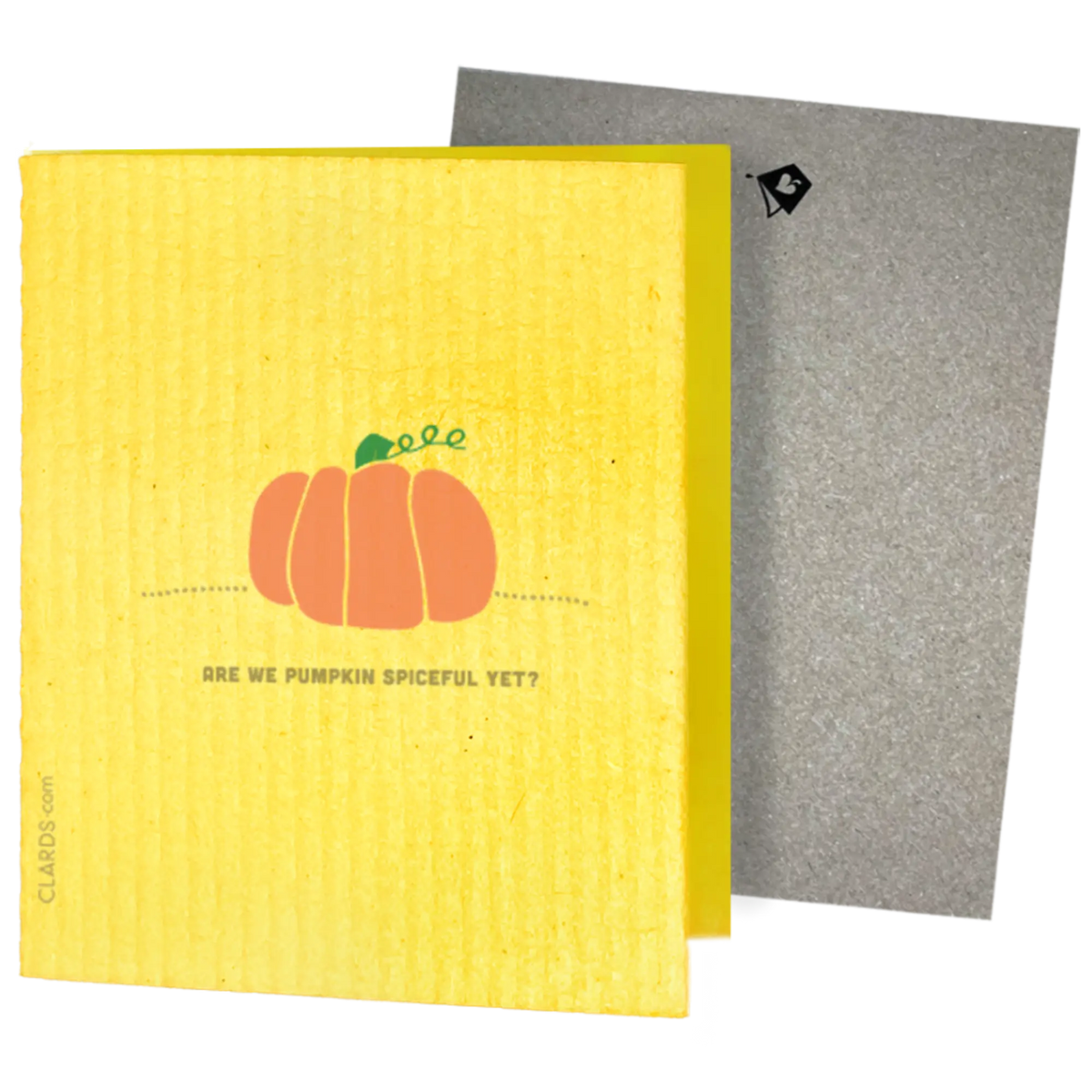 pumpkin graphic on yellow greeting card that turns into a reusable cleaning cloth. Are we pumpkin spiceful yet?