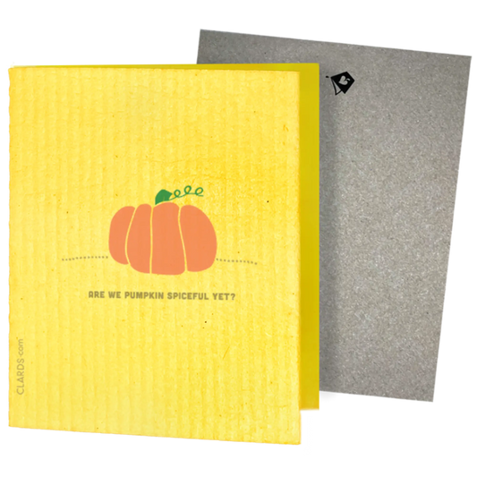 pumpkin graphic on yellow greeting card that turns into a reusable cleaning cloth. Are we pumpkin spiceful yet?