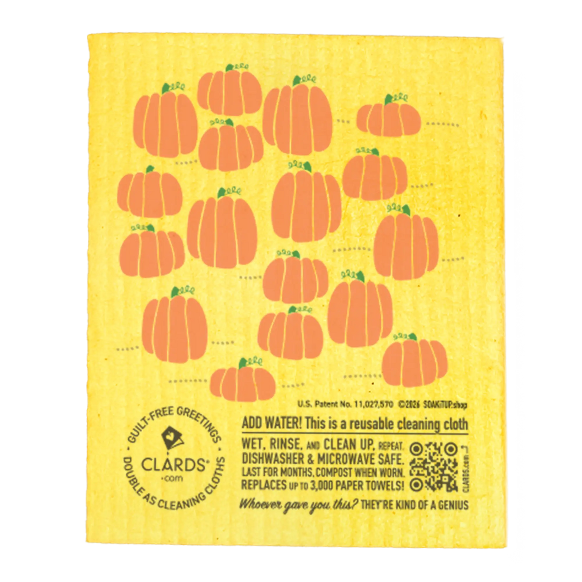 Yellow reusable sponge cloth with orange pumpkin and green stems design from are we pumpkin spiceful yet eco fall card