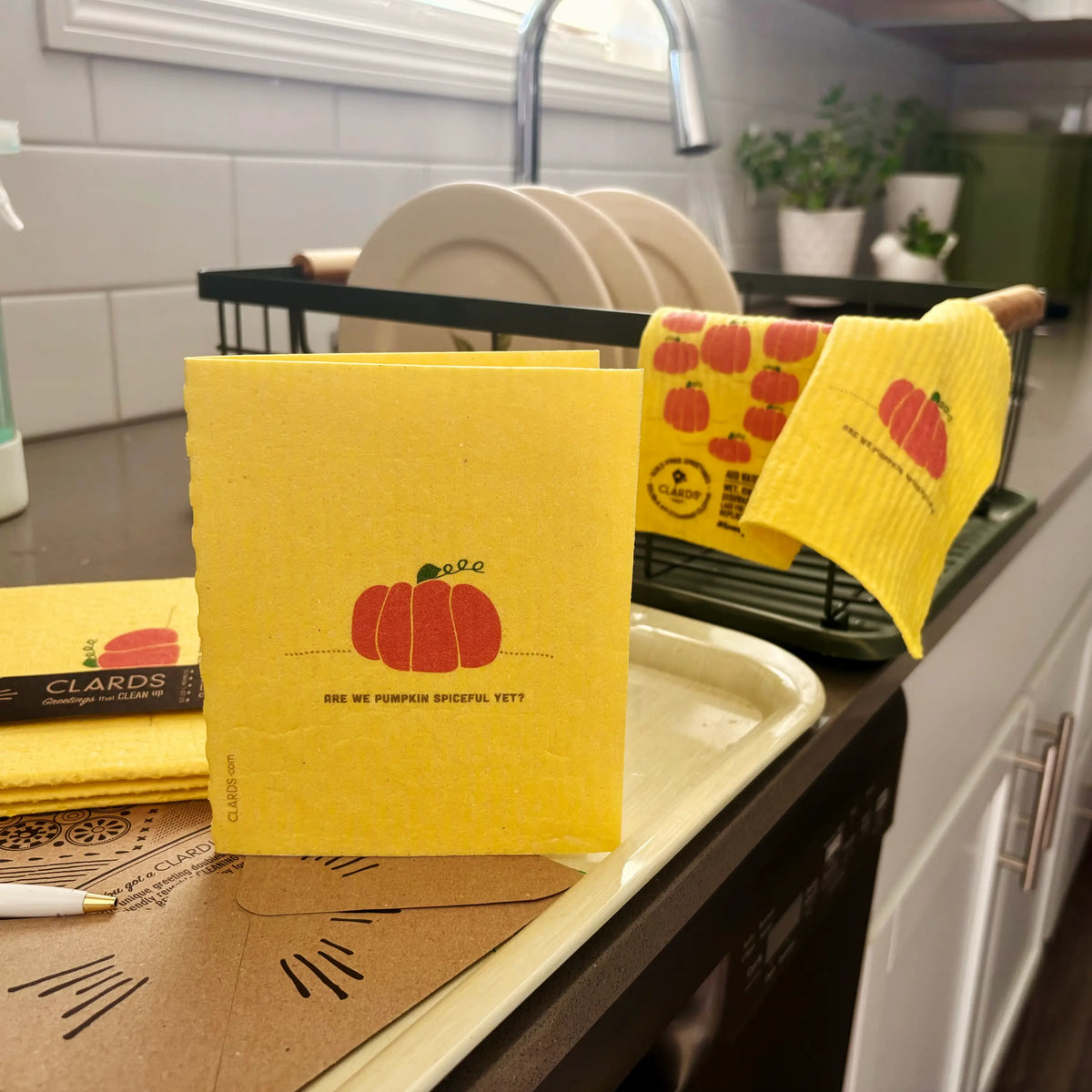 Bright yellow soak it up clards sponge cloth with red pumpkin and are we pumpkin spiceful yet text eco friendly swedish sponge cloths