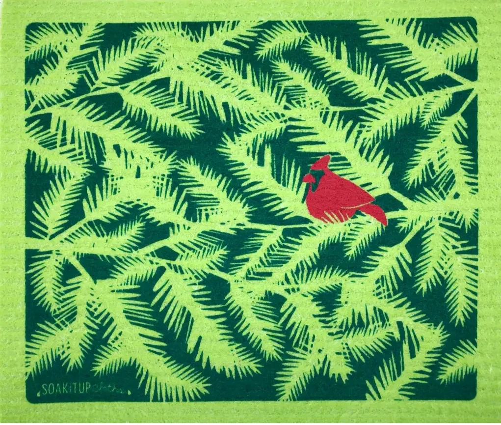 Red Cardinal Evergreen Branches Apple - Swedish Dishcloths