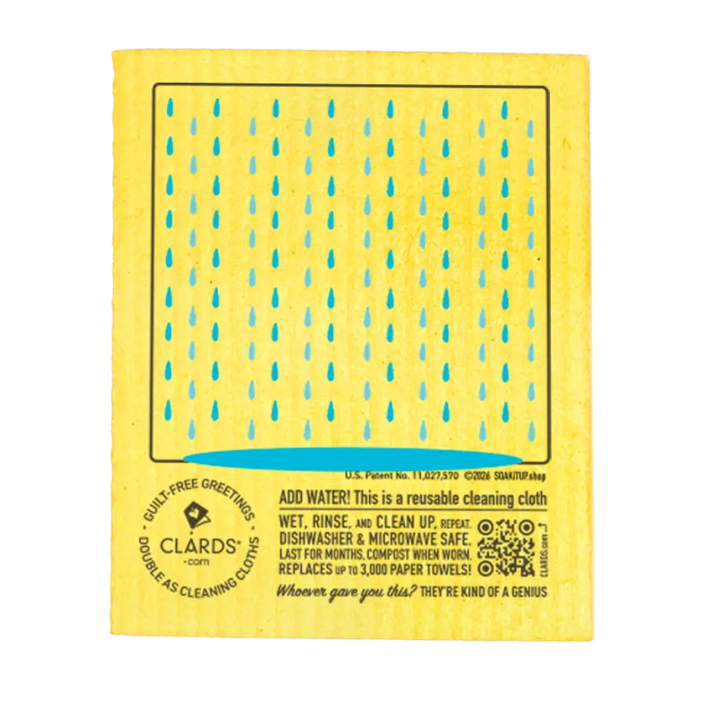 A yellow Clards reusable cleaning cloth with blue raindrop graphics and printed instructions, shown on a plain white background.