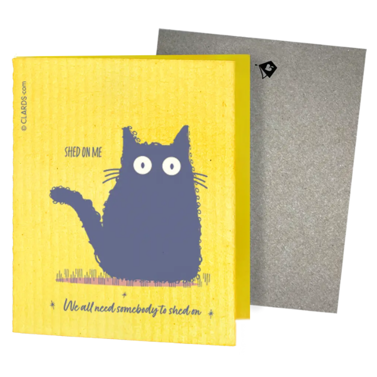 Bright yellow textured swedish sponge cloth with playful blue cat and shed on me text two reusable cleaning cloths