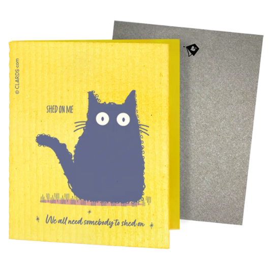 Bright yellow textured swedish sponge cloth with playful blue cat and shed on me text two reusable cleaning cloths