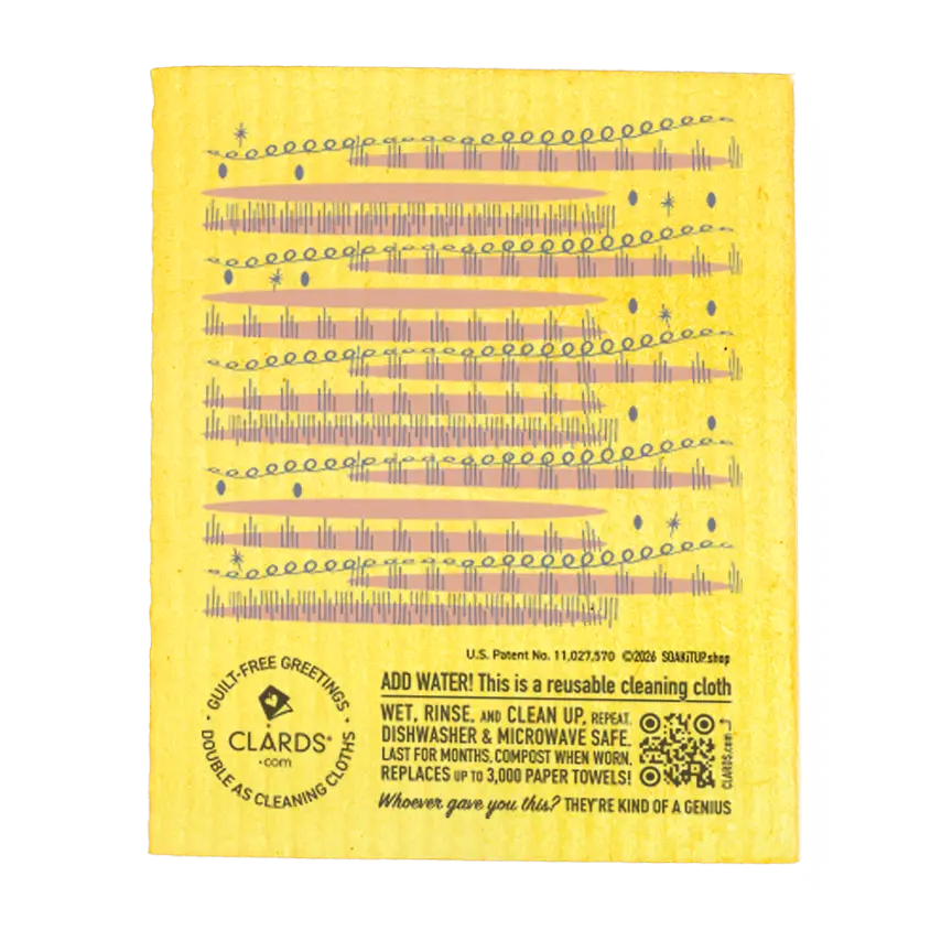 Yellow reusable swedish sponge cloth with pink and blue wavy lines stars and dots from shed on me eco greeting card