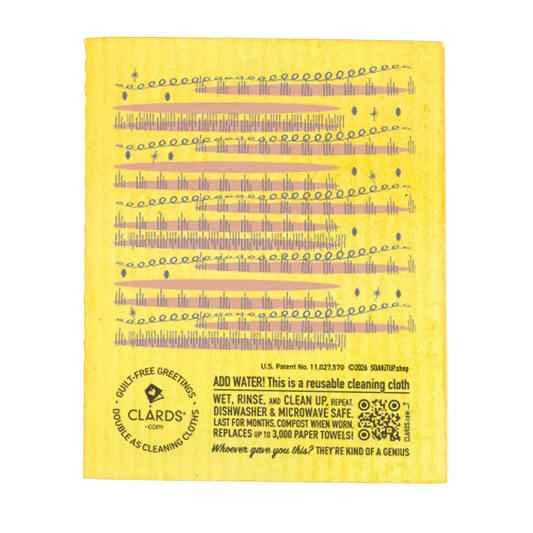 Yellow reusable swedish sponge cloth with pink and blue wavy lines stars and dots from shed on me eco greeting card